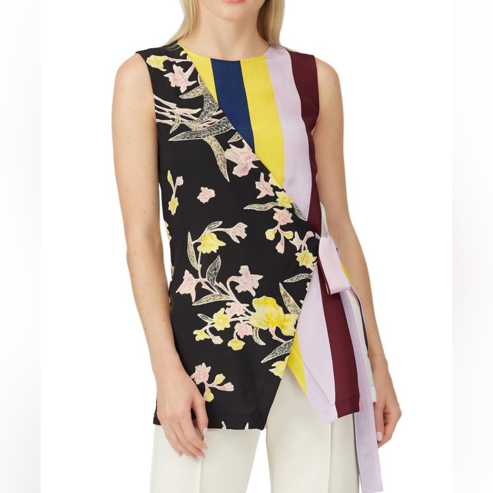 Diane von Furstenberg Sedona silk top, multi print, faux-wrap style, Size Medium